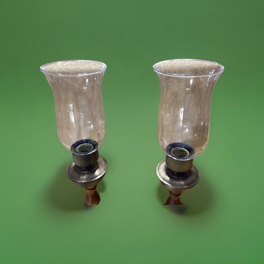 Pair Of 2 Vintage Brass Finish Wood And Glass Candle Holders 14
